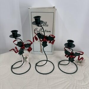 Vintage Dennis East Trellis Holly‎ Ribbon Candlestick Set Of 3 Christmas Decor